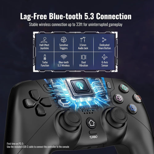BETMI Wireless Controller for PS-5/Pro/Slim/PC,Bluetooth Gaming Controller with Hall Joysticks/LED Channel Light/Turbo/6-Axis Gyro/Dual Vibration/Touchpad/3.5mm TRRS Audio Jack/Speaker Function(Black)